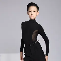 New Kids Boy Latin Dance Costumes Long Sleeve Stage Performance Clothes Long Black Pants Suit Cha Cha Samba Rumba Wear Shirt