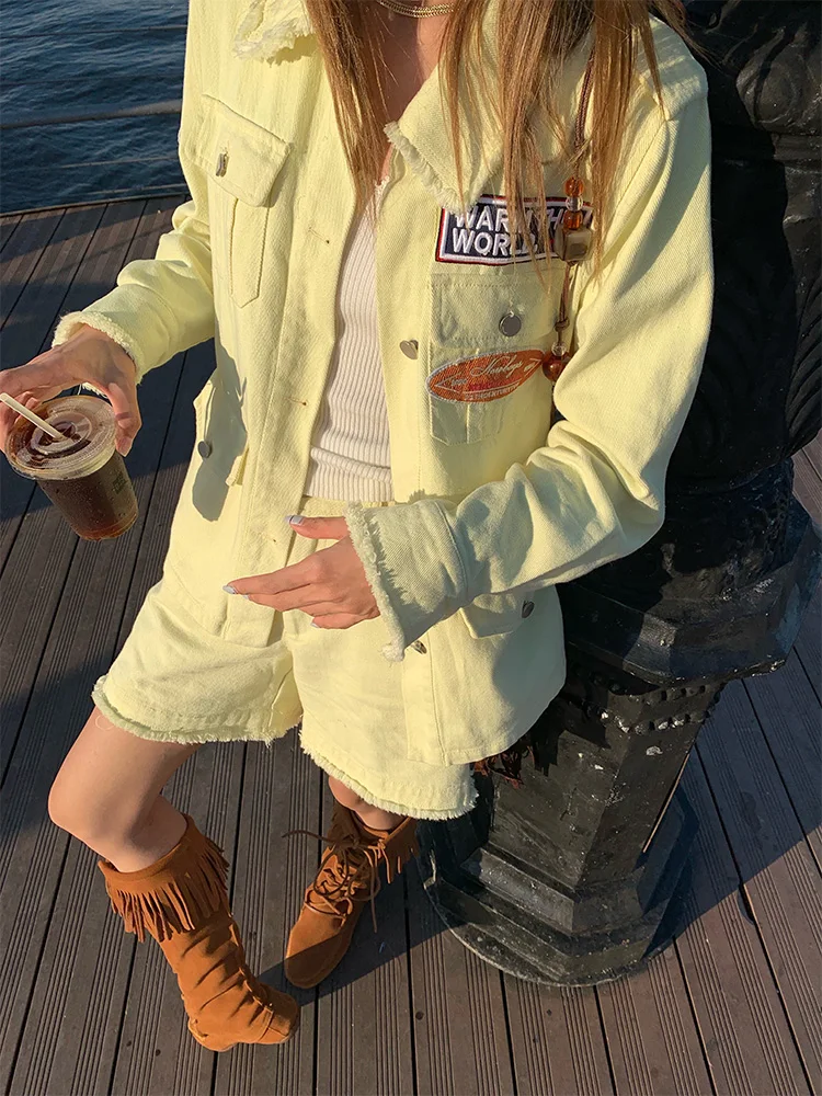 

Fluorescent Yellow Denim Set Women's Two-Piece Suit Jaet orts Cotton Blend Faionable Casual Wear for Young Adults