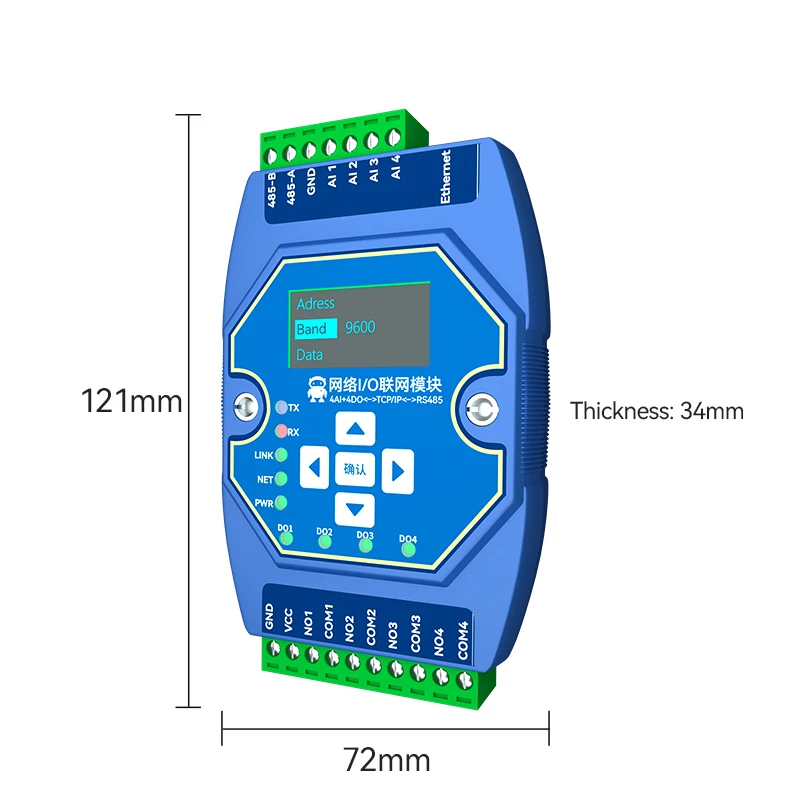 

Ethernet I/O 4AI+4DO Switch Value Acquisition Controller ModBus for PLC RS485 Ethernet I/O Networking Module Installation