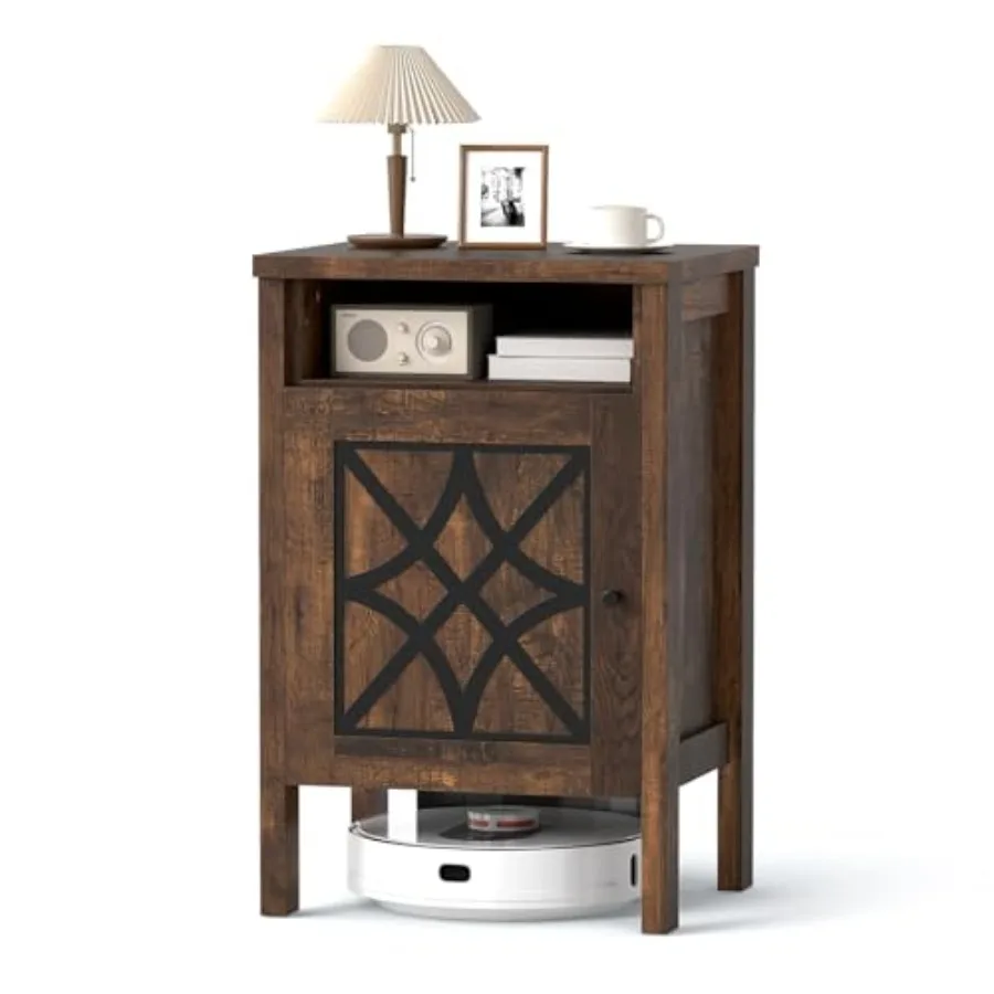 Robot Vacuum Storage Cabinet, Retro Sofa Side End Table with Hidden Robotic Vacuum Cleaner Storage and Open Compartment, Sweepi