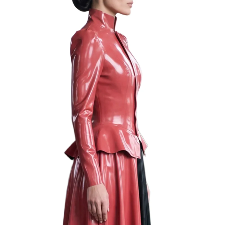 Sexy Latex Peplum Blouses With Hidden Buttons Stand Collar Long Puff Sleeves Rubber Riding Habit Shirts Top Clothing Uniform 436 - view 3