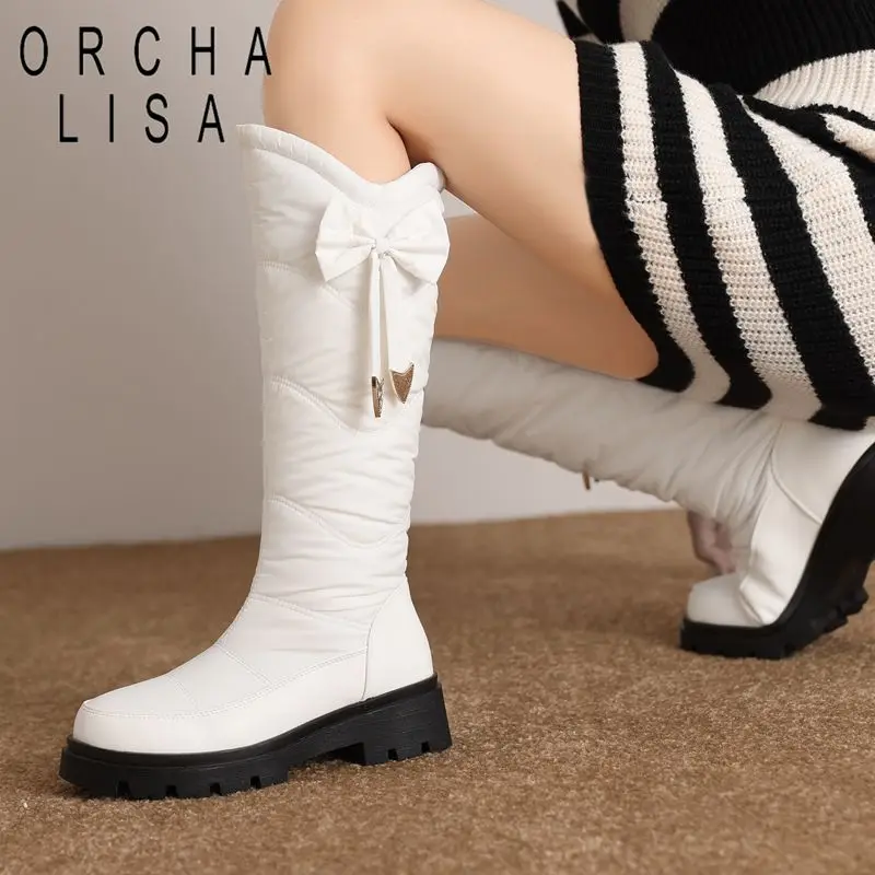

New Women's Knee High Snow Boots Round Toe 5cm Thick Heel Slip On Bowknot Waterproof Plush Warm Large Size 43-44 Winter Female