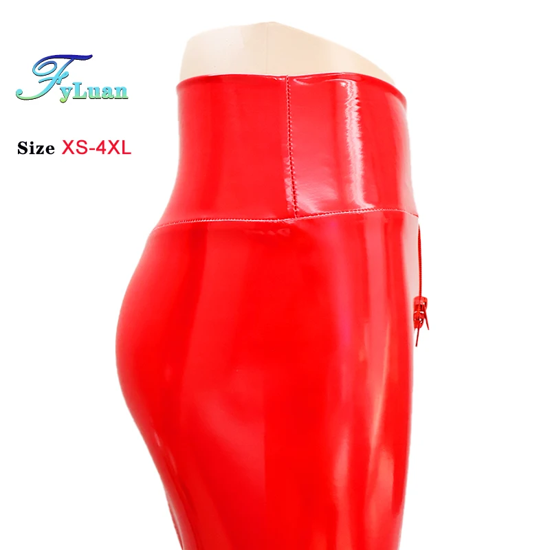 Plus Size  Double Zipper Open Crotch Women Pants Red Shine Leather Exotic Bodycon Slim Nightclub Leggings Ankle-Length Trousers