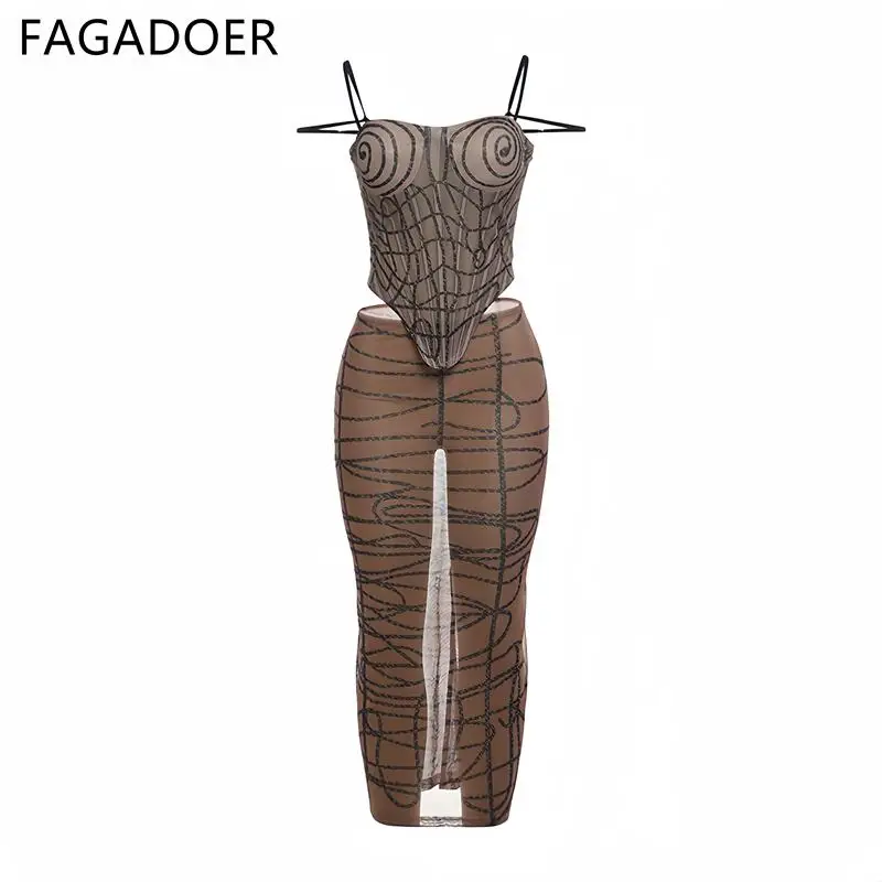 FAGADOER Brown Sexy Mesh Perspective Skinny Skirts Two Piece Sets Women Thin Strap Sleeveless Vest And Skirts Nightclub Outfits