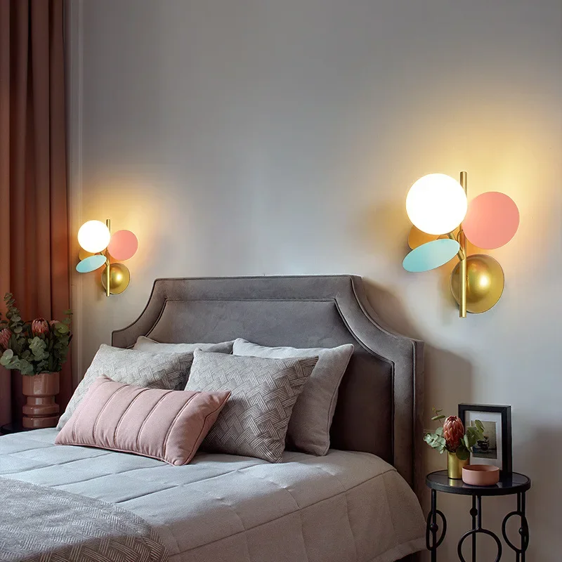 Nordic Macaron Acrylic Sheet Wall Lamp Glass Ball Lampshade Warm LED Light for Kids Bedroom Living Room Accent Decor