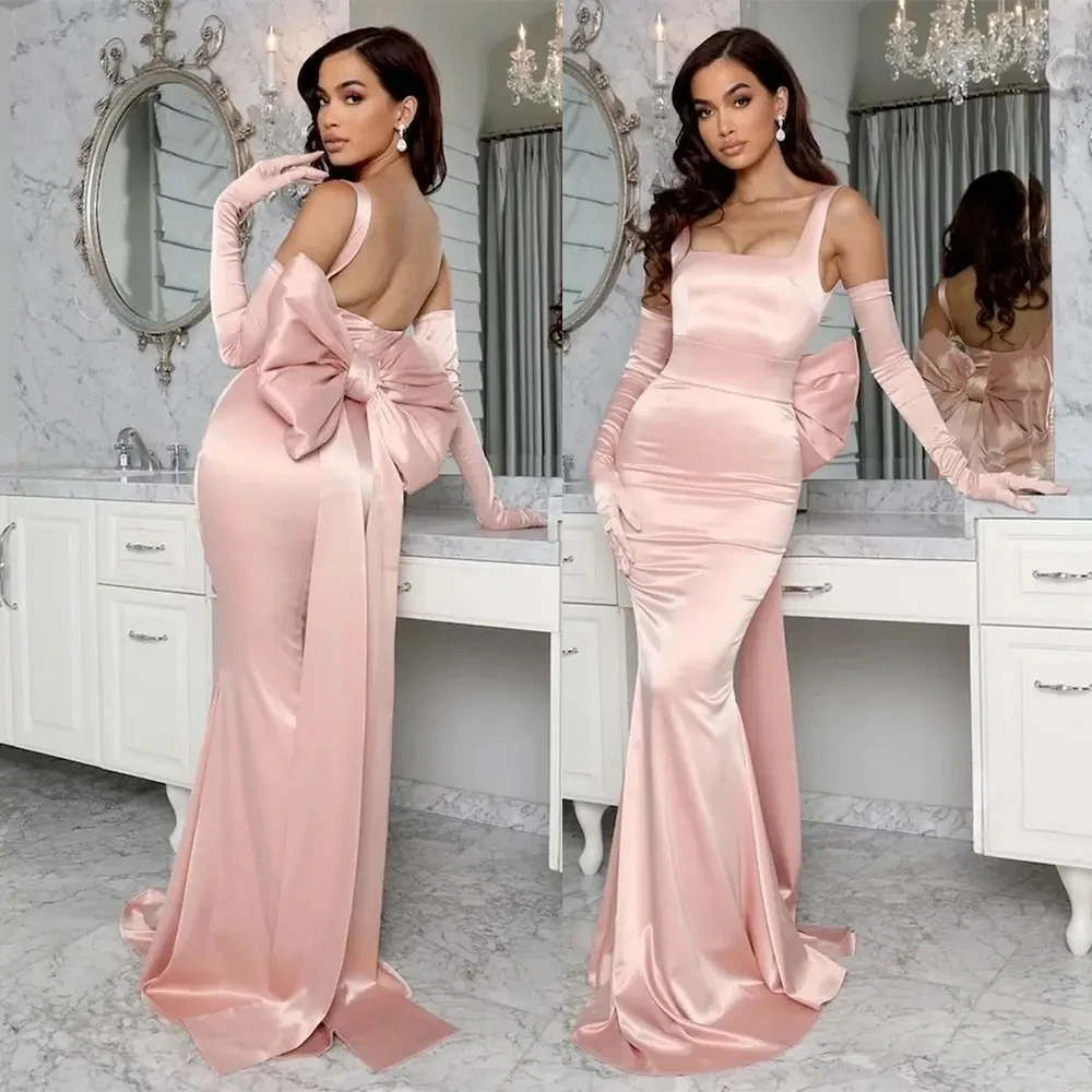 

Romantic Pink Satin Mermaid Evening Dresses Square Collar Back Bow Prom Gown Second Reception Birthday Pageant Dress No Gloves