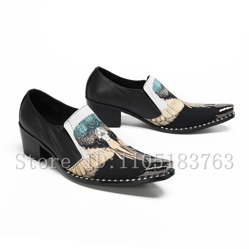 

Men's Designer Eagle Print Slip-On Dress Shoes, Pointed Toe Metal Cap Heeled Loafers, Stylish Formal Footwear for Men