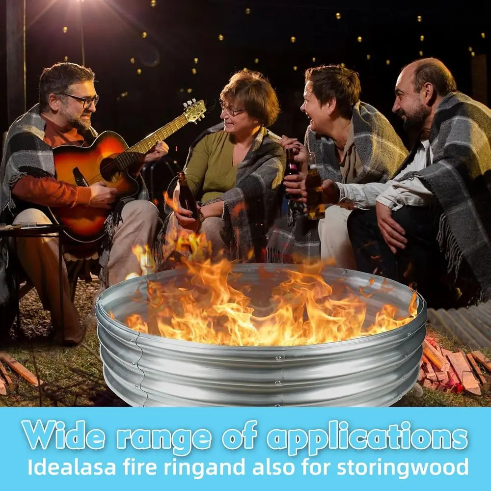 5FT Circular Galvanized Steel Fire Pit, Heavy Duty Outdoor Backyard Bonfire Ring, 5x5x1FT