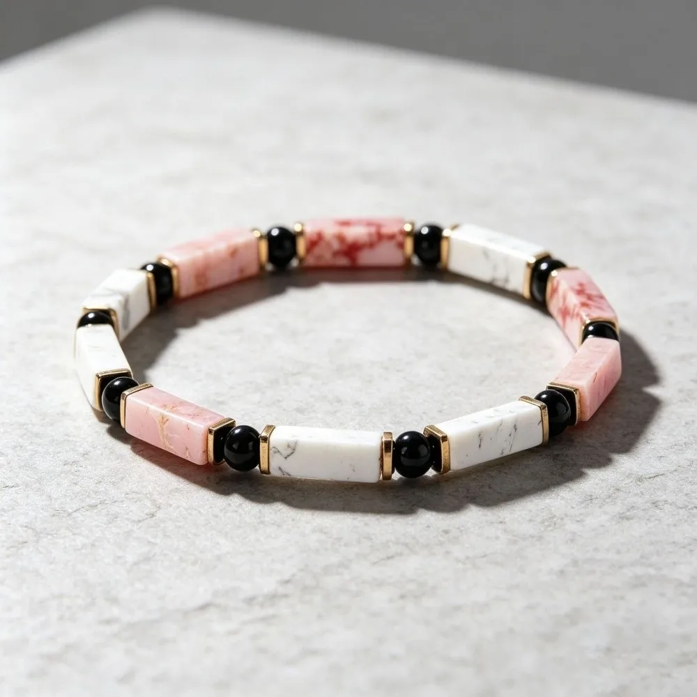Natural Veined Simple Crystal Stone Bracelet Square Cut Polished Block Shape Square Stone Bangle Stackable Adjustable Rope