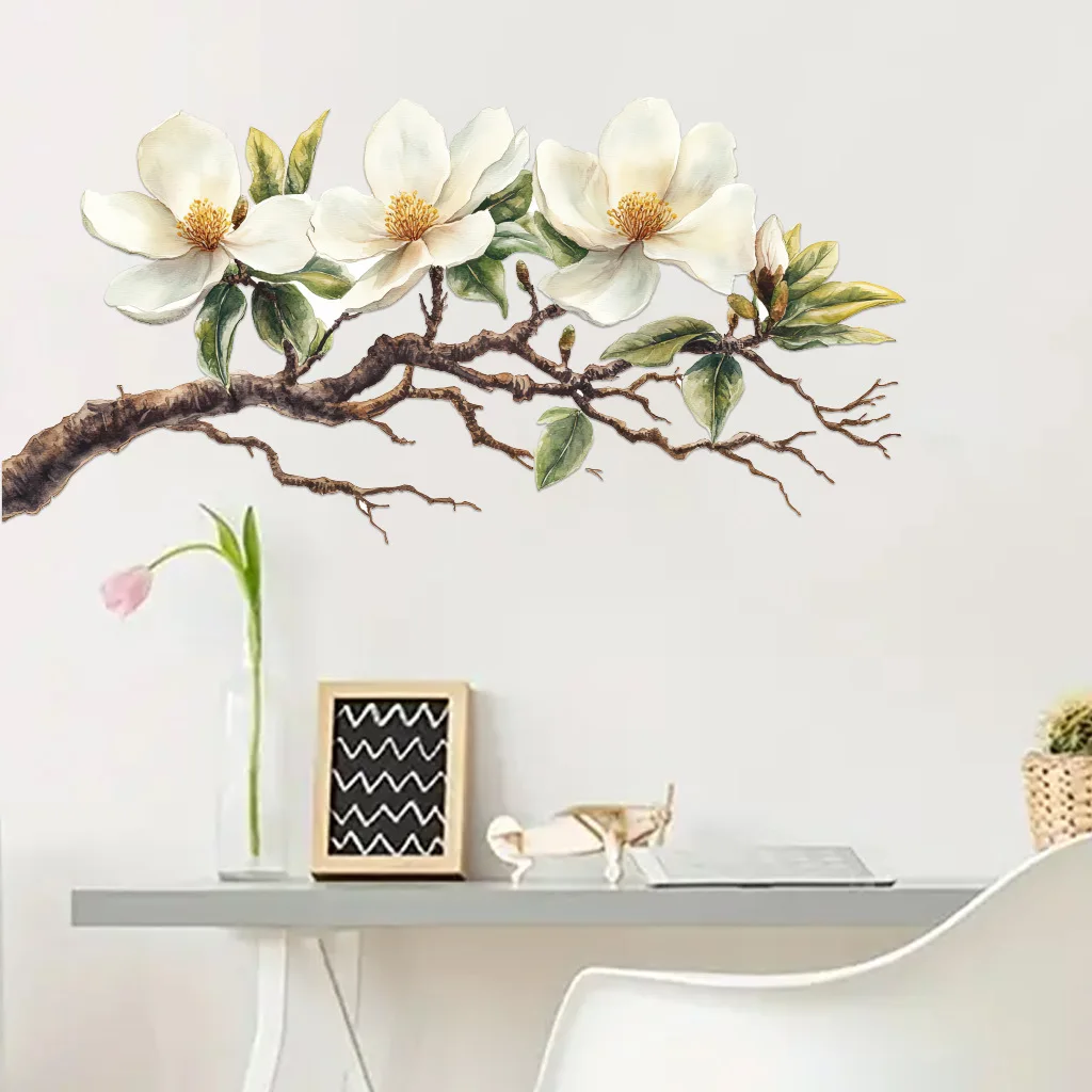 1pc Elegant White Magnolia Blossom Wall Decal - Self-Adhesive & Removable PVC Sticker, Washable, Perfect for Living Room & Bedro