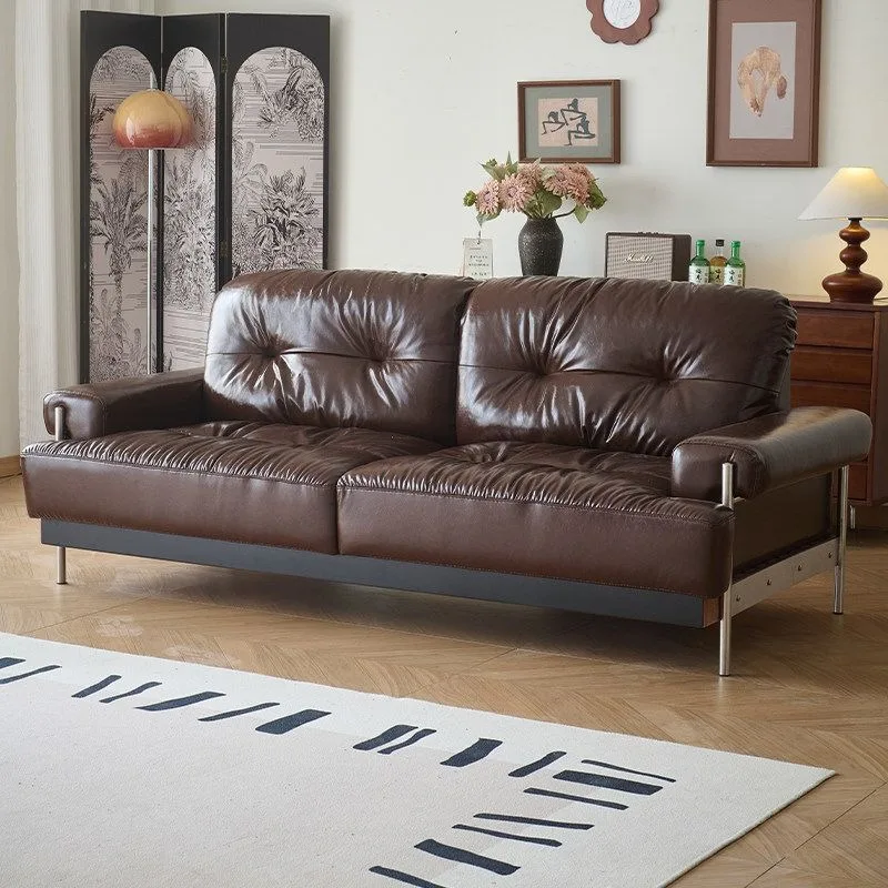Retro light luxury oil wax leather sofa, French antique living room first layer cowhide home straight row leather sofa