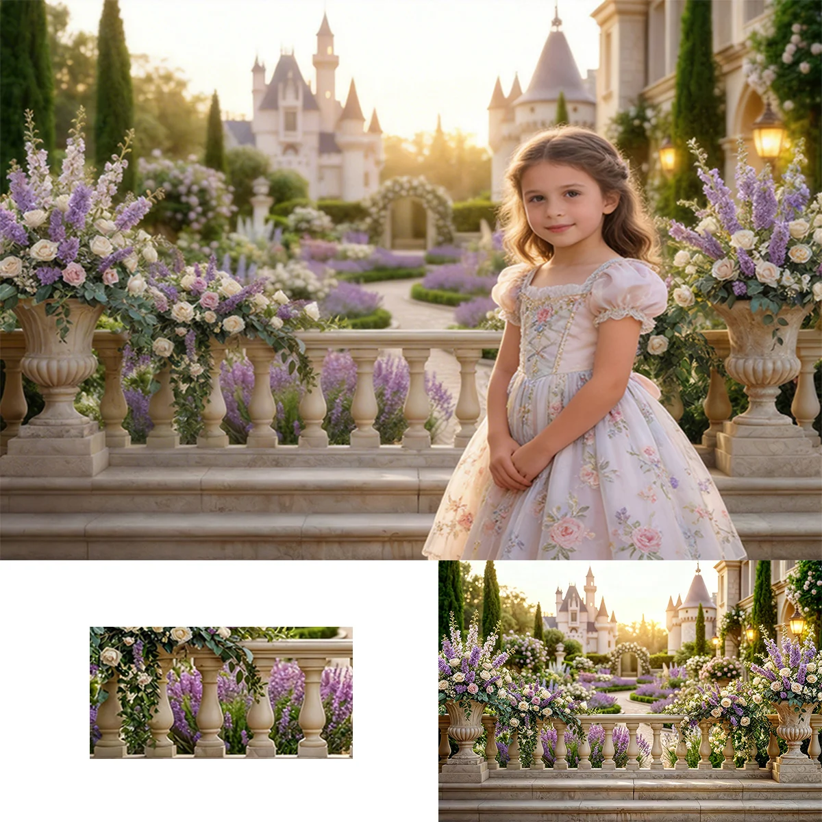 Fairytale Castle Garden Backdrop Romantic Purple White Flower Wedding Dress and Luxury Jewelry Girl Photography Backgrounds