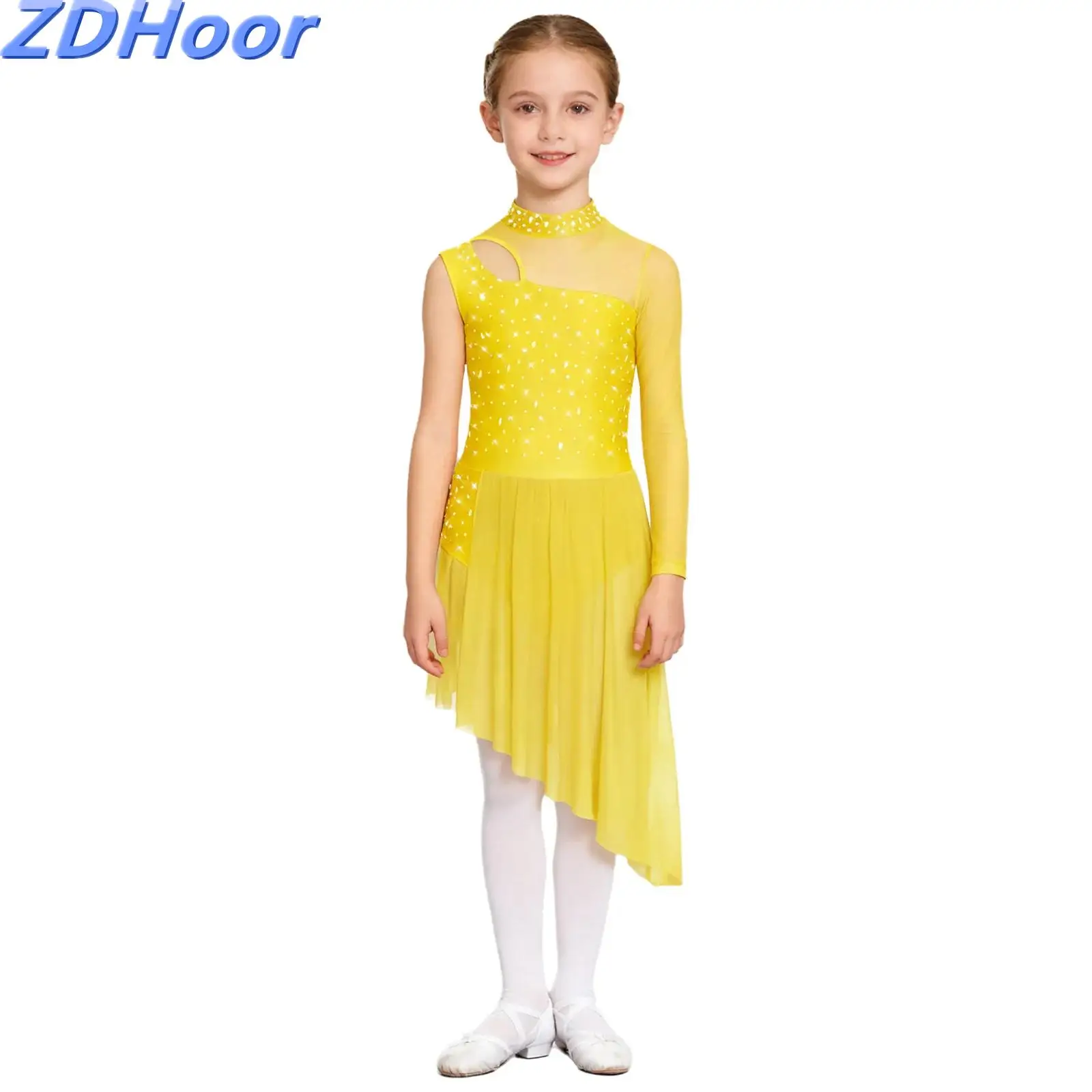 

Kids Girls Lyrical Patchwork Dance Dress Mock Neck Cutout Sheer Mesh Shiny Rhinestones Asymmetrical Side Split Dress