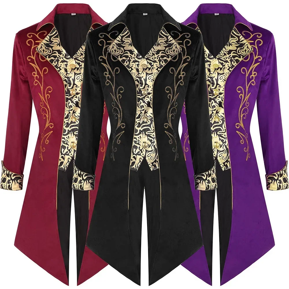

Men Medieval Red Gold Cosplay Steampunk Costume Velet Stand Collar Tailcoat Gothic Vampire Cosplay Jacket Coats