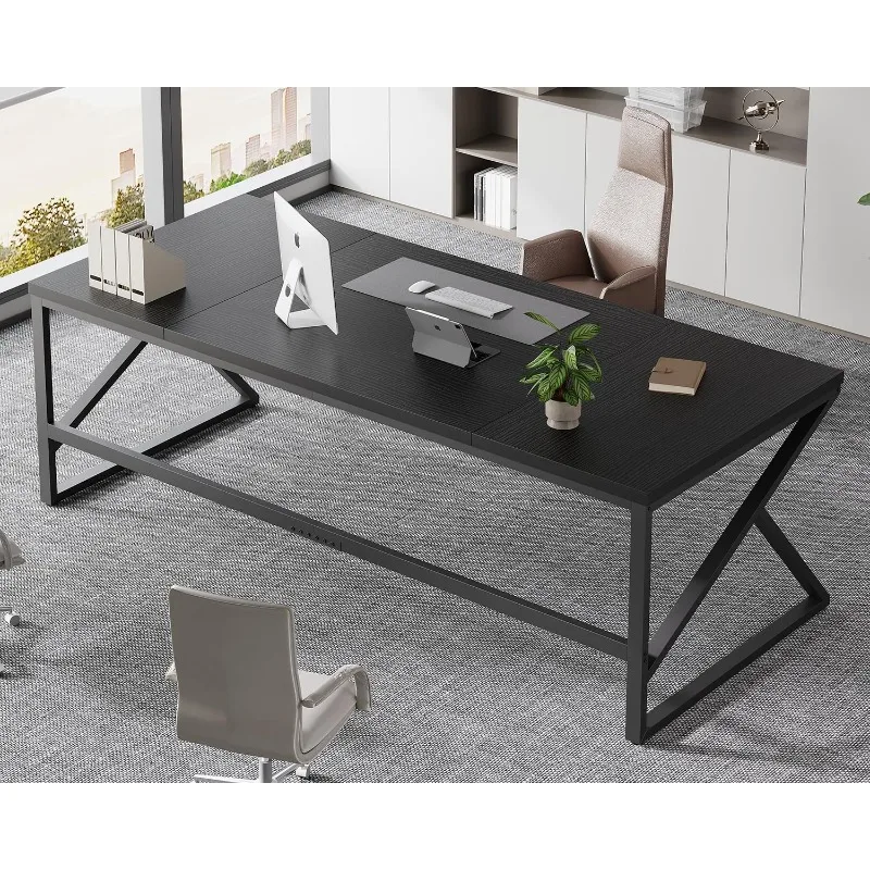 مكتب كمبيوتر أسود طويل، مكتب منزلي كبير مقاس 78 بوصة لشخصين، مكتب مزدوج من الخشب المعدني الصناعي للعمل التنفيذي #4