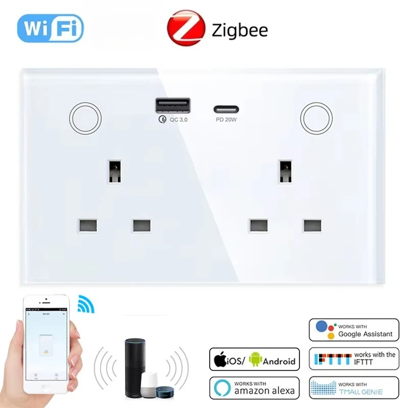 New UK Standard Touch Glass Panel Zigbee Smart Socket Double Wall Mount Outlets With USB Type -C PD 20w Charge