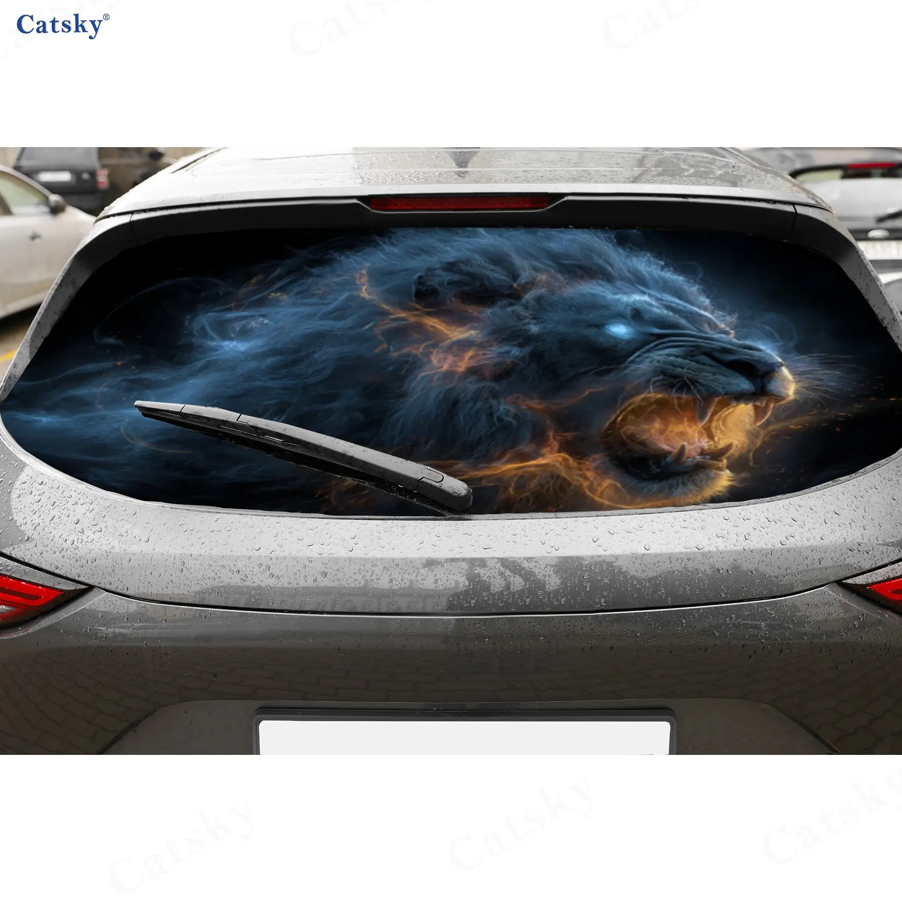 Fantasy Flame Thunder Lion PVC Perforated Car Vinyl Wraps, Durable Car Windshield Sticker, Waterproof Car Window Decal
