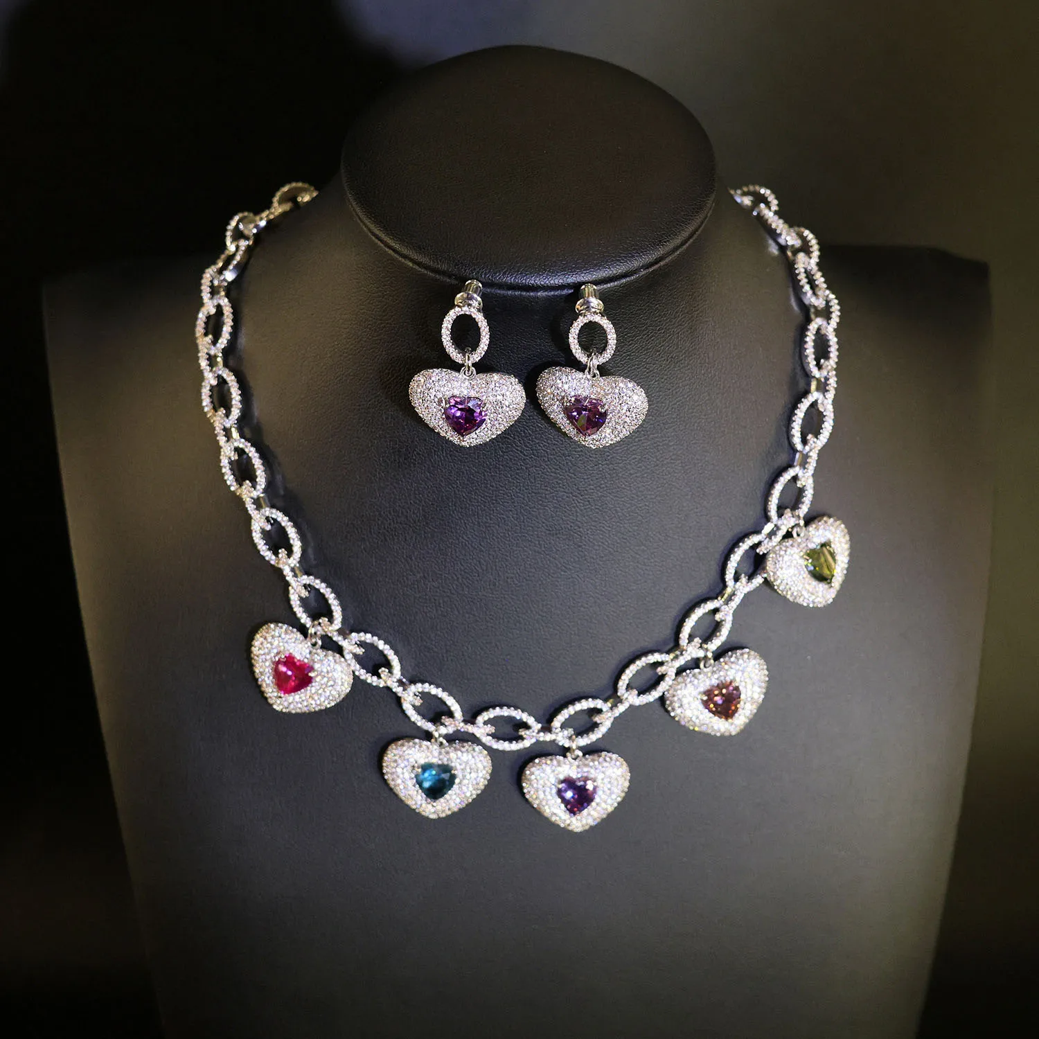 Fashion Romantic Punk Style Colorful Love Necklace Earring Set Women's Light Luxury Accessories Jewelry Wedding Holiday Gift 964