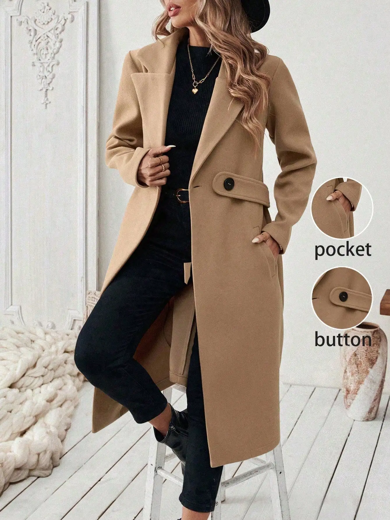 

Женское классическое длинное пальто-тренч с лацканами, пуговицами и карманами, с завышенной талией, осенне-зимняя верхняя одежда
