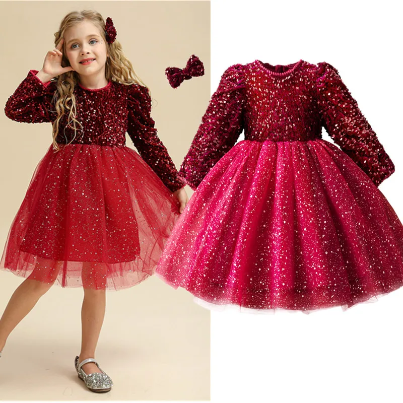 Sequin Girls Princess Party Dresses for 3-8 Yrs Kids Birthday Wedding Evening Prom Gown Spring Fall Long Sleeve Children\'s Dress