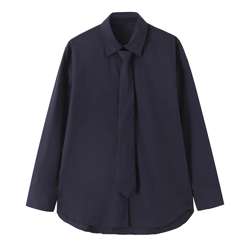 Willshela Women Fashion With Tie Navy Blue Single Breasted Blouse Vintage Lapel Neck Long Sleeves Female Chic Lady Shirts