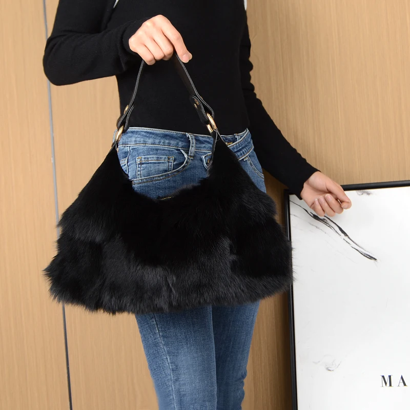 Women's Natural Fur Crossbody Bag - Luxurious Genuine Fox Fur Shoulder Bag for Winter