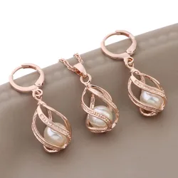 Trendy 585 Rose Gold Color Luxury Quality Jewelry Set Vintage Unusual Pearl Earring And Pendant Jewelry  Set