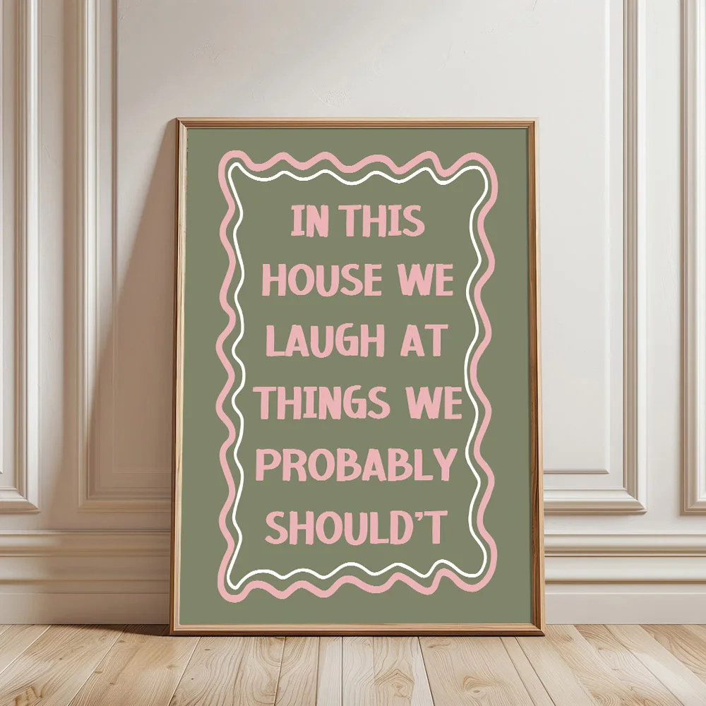 1pc Unframed In This House We Laugh Funny Quote Poster Green Pink Typography Trendy Wall Art Canvas Minimalist Aesthetics Decor