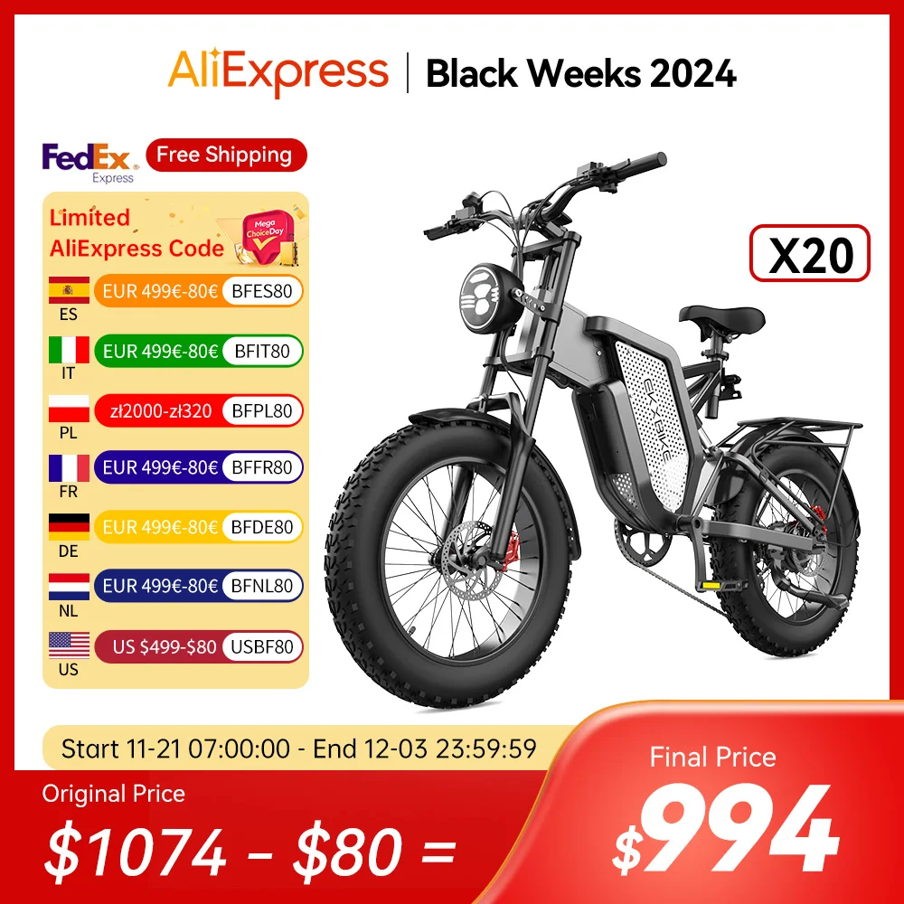 EKX X20 Electric Bike Mountain Moped Ebike 20 Inch Fat Tire 2000W 48V 35AH Men's Road EBike Electric Bicycle For Adults E Bikes