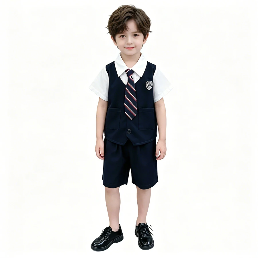 

Boys Preppy School Uniform Set Vest Shirt Shorts with Striped Tie for Graduation Ceremony Performance Daily Wear Kids Outfits