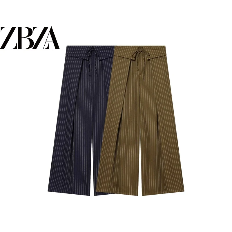 Casual Striped Loose Women's Pants with Belt Natural Waist Wide Leg Pants Commute Style Versatile Polyester Fiber Ladies