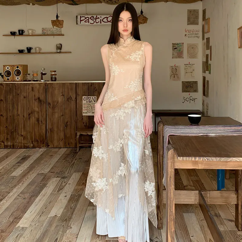 New Chinese Style Slit Irregular Cheongsam Dress Loose Pleated Wide-Leg Pants Long Pants Mesh Flower Embroidery Elegant Tops