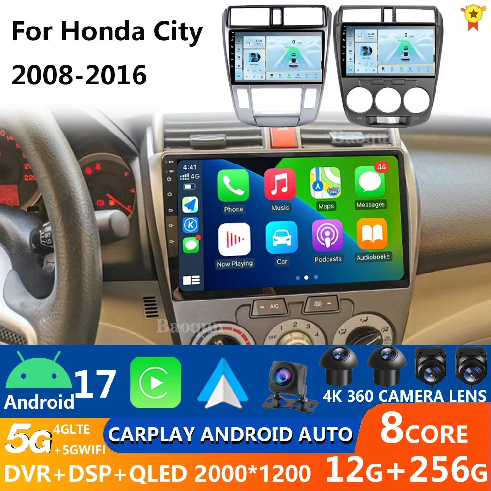 Car Radio Android 16 For Honda City 2008 2010 - 2012 2013 9/10 Inch Snapdragon IPS QLED DVD Qualcomm NO 2DIN Systems WIFI+4G DSP