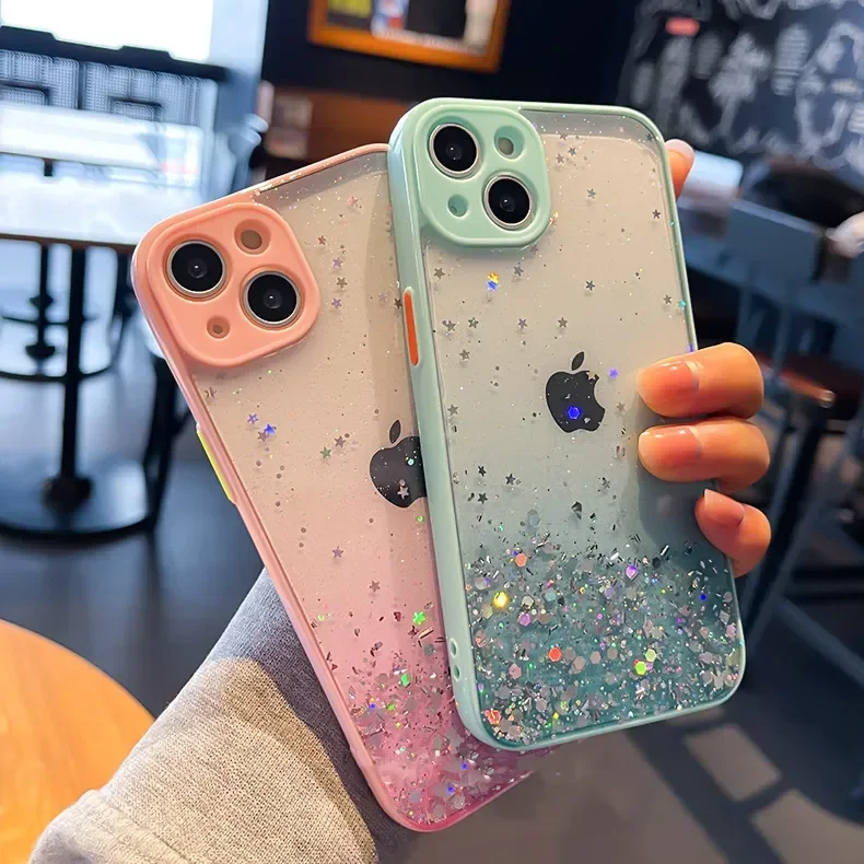 Fashion Glitter Clear Phone Case For iPhone 13 14 15 12 11 15Pro Max X XR XS Max 7 8 15Plus Camera Protection Acrylic Back Cover