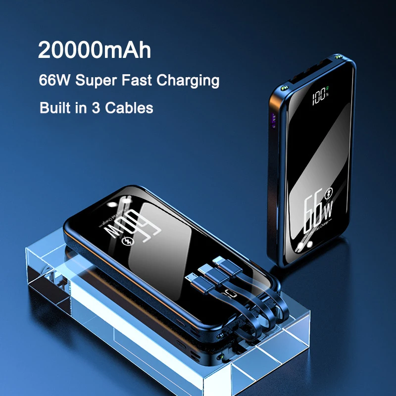 

20000mAh Power Bank Built in Cable PD20W 66W Fast Charging Powerbank External Battery Pack for iPhone Xiaomi Huawei P40 Samsung