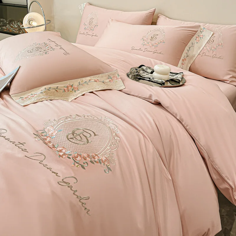 A-class pure cotton four piece set, 160 thread all season cotton bed sheet and duvet cover, high-end embroidered long staple cot