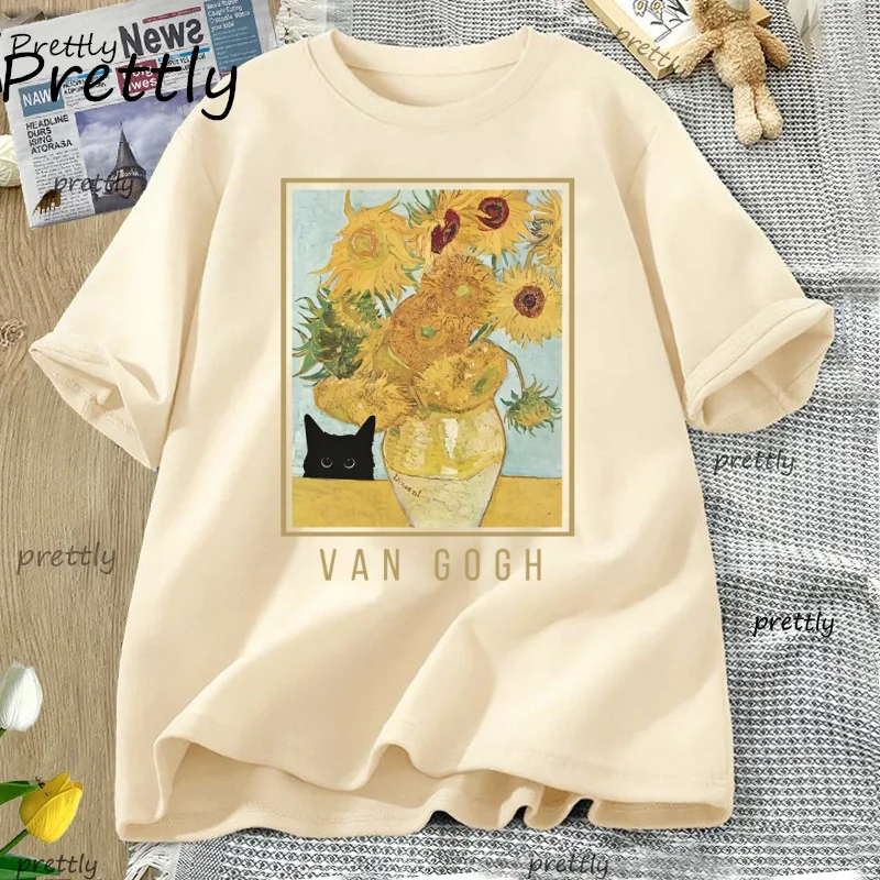Van Gogh Black Cat T-shirt Funny Flower Printed T Shirt Men Women Vintage Short Sleeve T-Shirt Casual Streetwear T Shirts Summer