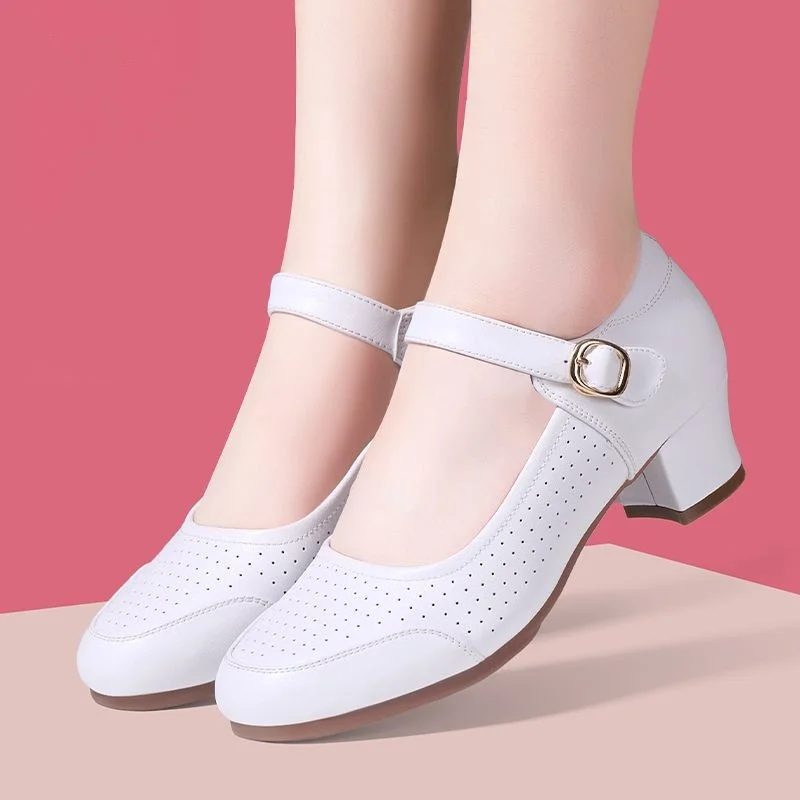 4cm Breathable Comfortable Shallow Mouth Soft Leather Mary Janes Platform Shoes 2026 Spring Med Block Heels Dance Work Shoes Mom