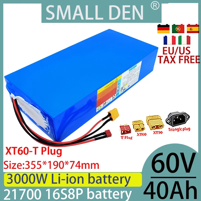 60V 40ah lithium-ion battery pack 21700 16S8P 1000W-3000W battery with  BMS off-road vehicle bicycle high-power+2A 3A 5A charger