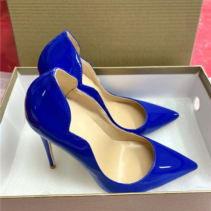 KeShangJjia Blue Women Patent Curl Cut Pointy Toe Stiletto Pumps Chic Ladies Ultra High Heel Shoes Customize 8cm 10cm 12cm