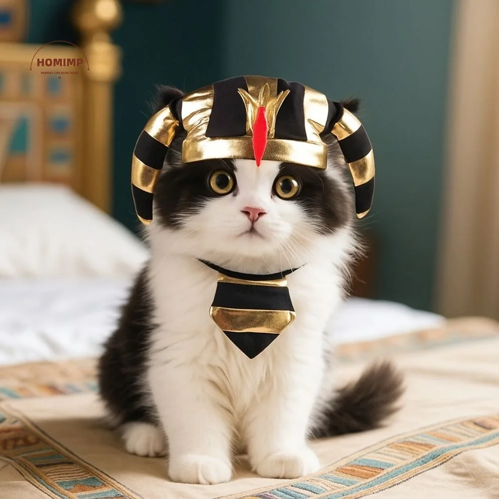 

Cute Pet Egyptian Pharaoh Hat Comfortable Adjustable Halloween Party Hat with Bib Breathable Pet Cosplay Costume For Cats Dogs