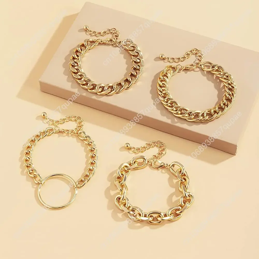Pulseira de corrente robusta dourada para mulheres, pulseira boho com cabo plano, pulseira de corrente robusta com círculo, conjunto de 4
