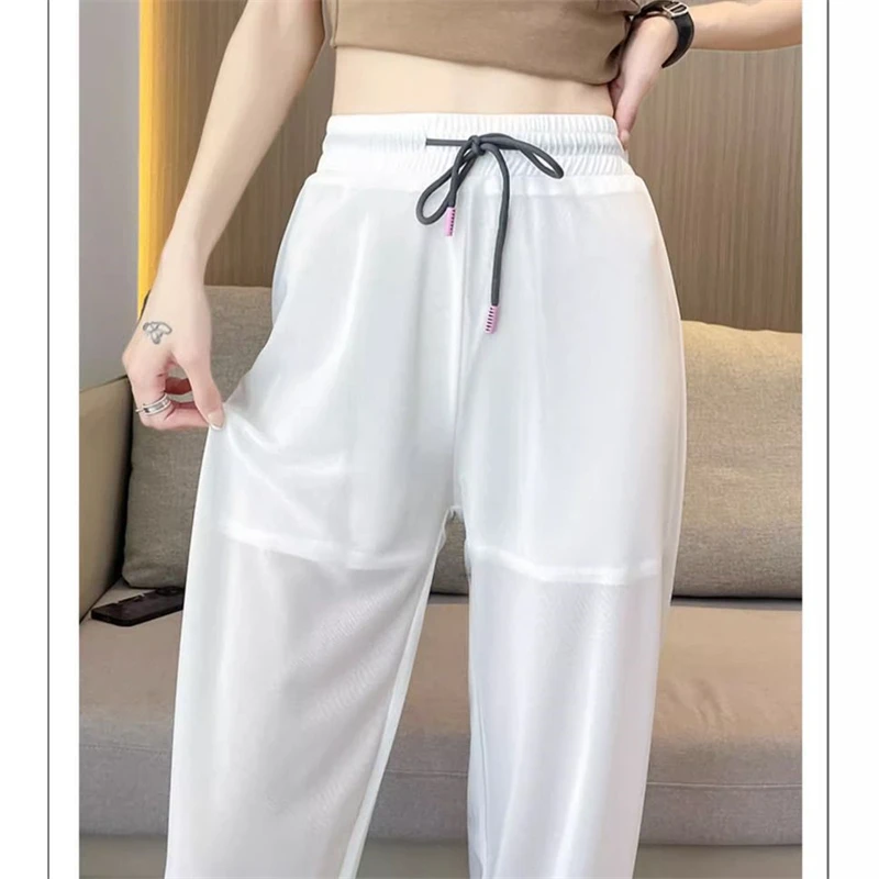 Women Clothes Summer Trendy Sexy Mesh See Through Ice Silk Harem Pants Female High Waist Sports Thin Trousers Casual Pantalones