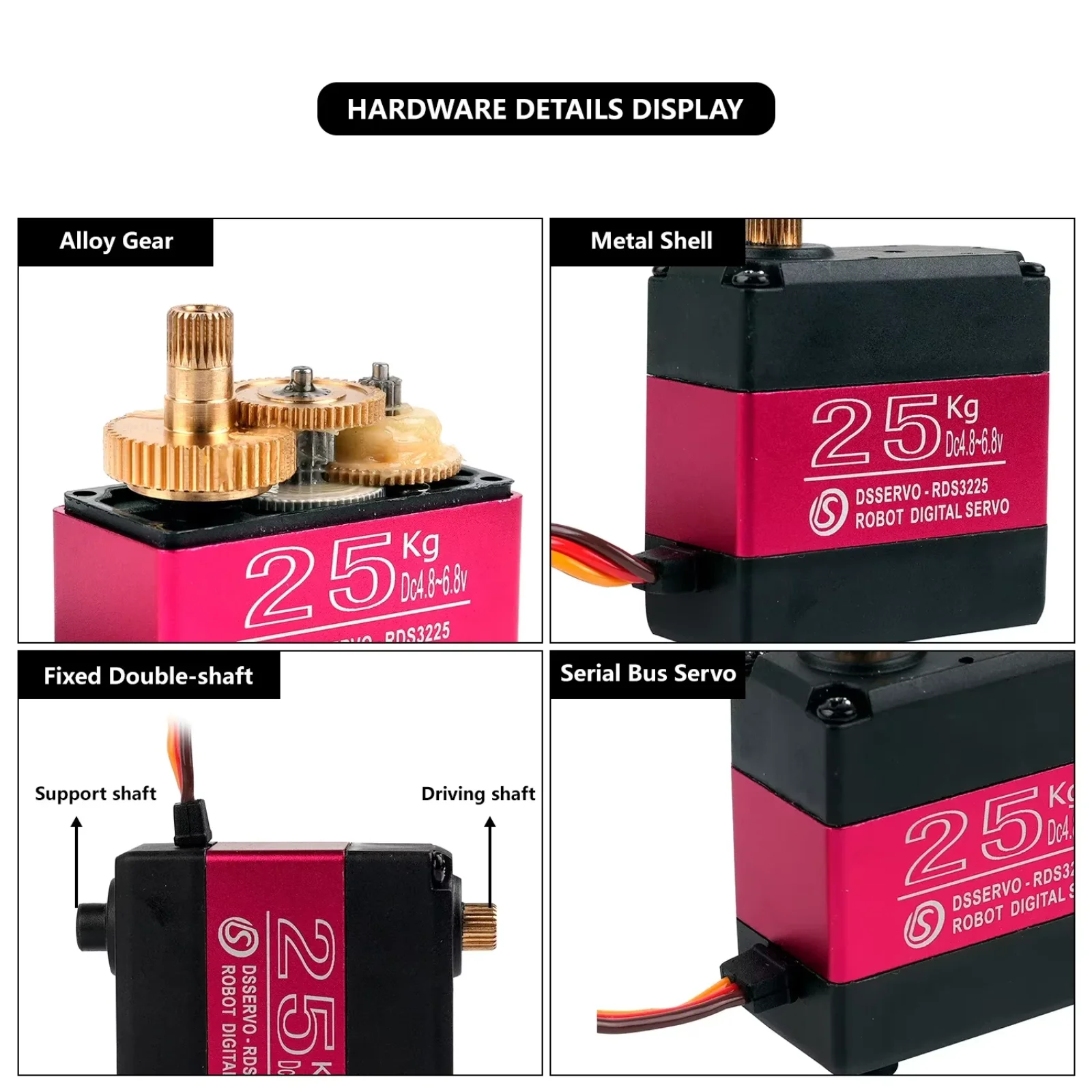 RDS3225 Servo de metal digital de 25 kg 6 V resistente al agua IP66 eje dual de 180/270 grados para modelos robóticos/RC