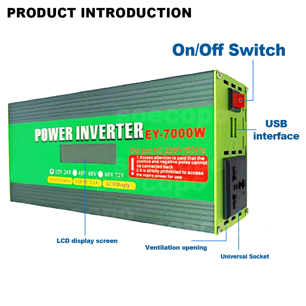 Smart Dual Voltage Inverter 7000W Peak Power LCD Screen Monitoring Multi-Protection Dual USB Ports 12V-72V Compatibility