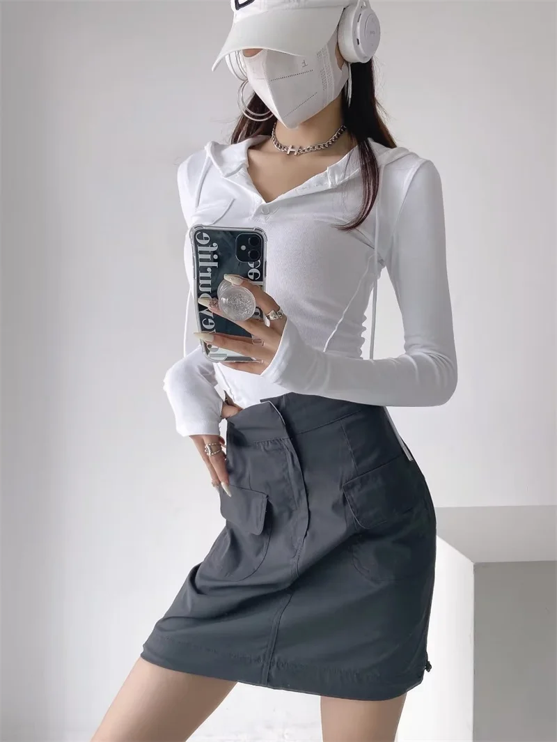 American Retro Two-Way Wearable Detachable A-Line  Skirt High Waist Street Sle Pure Color Versatile for ort Women