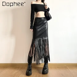 American Hot Girl Tassel Stitching Black PU Hip Skirt 2023 Winter New Casual High Waist Slimming Leather Short Skirts Trendy