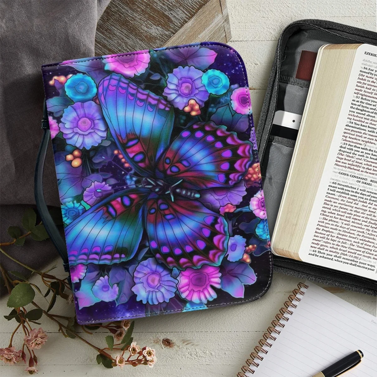 Colorful Artistic Butterfly Print Bible Cover Case for Women Leather Handbags Zippered Handle Bible Study Book Holy Storage Boxe