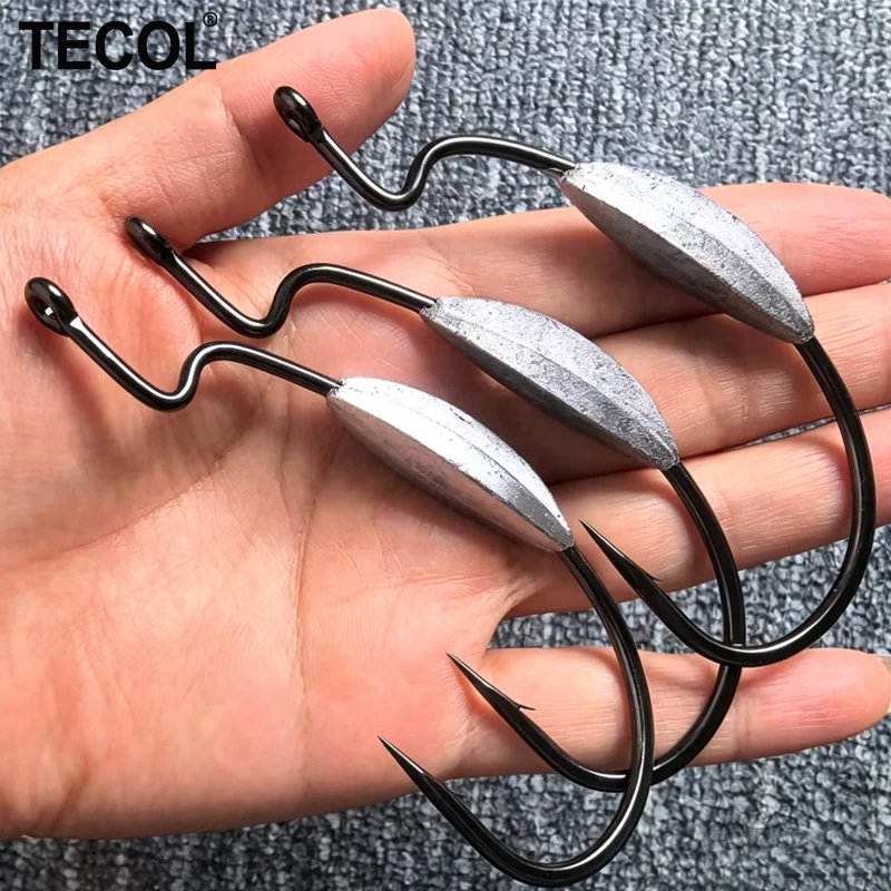 TECOL 3PCS 6/0 8/0 10/0 Weighted Offset Hook Lead Jig Weedless Fishhooks 3X Heavy Duty Worm Hook For Bass Texas Rig