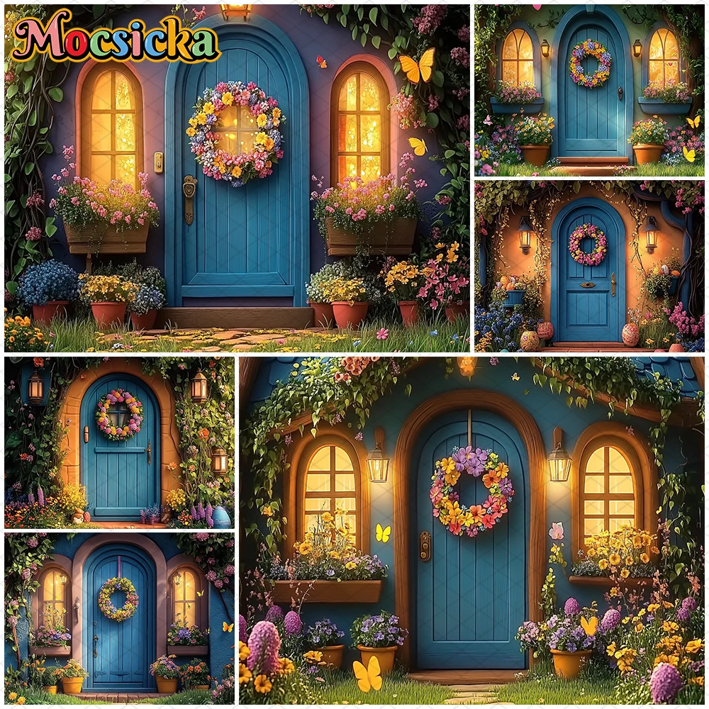 

Mocsicka Easter Backdrop Spring Forest Natural Flower Blue Fairy Tale House Decoration Kid Birthday Party Photography Background